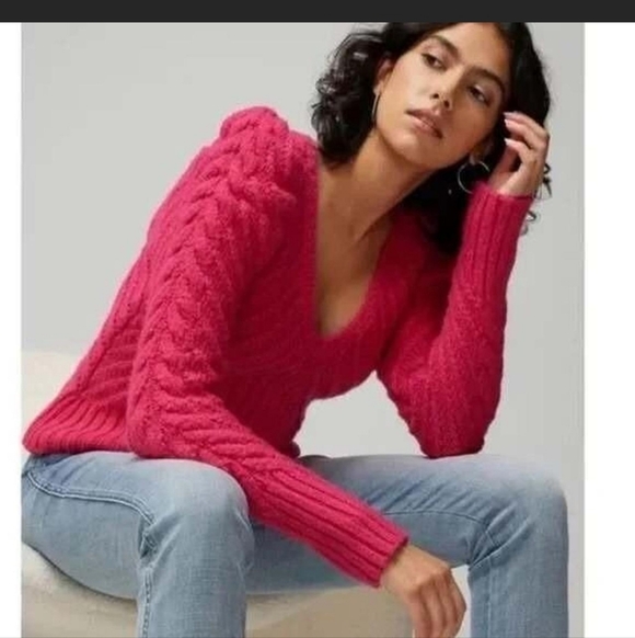 NWT White House Black MarketV-Neck Puff Sleeve Cable Pullover Sweater - Picture 2 of 6